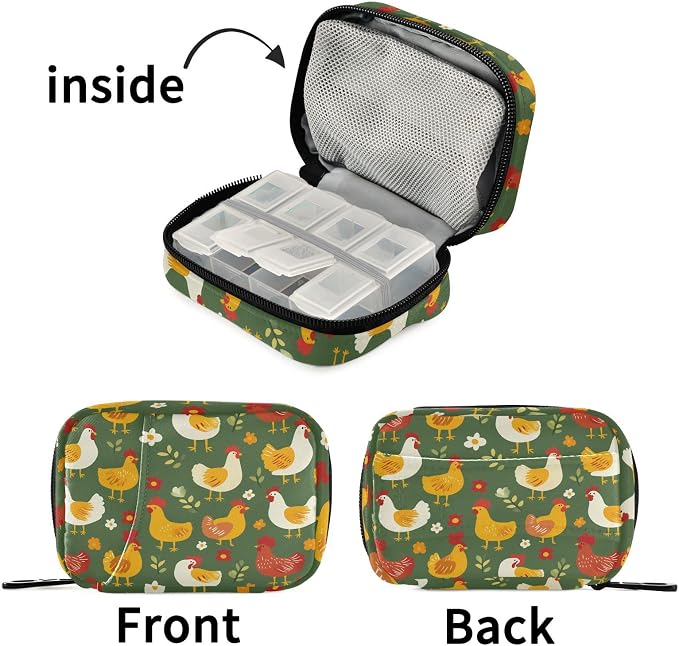 Fustylead Colorful Cute Cartoon Chicken Rooster Hen Travel Pill Case Bag with Zipper Weekly Pill Box 8 Compartments 7 Day Personal Pill Case Purse Medicine Case Organizer