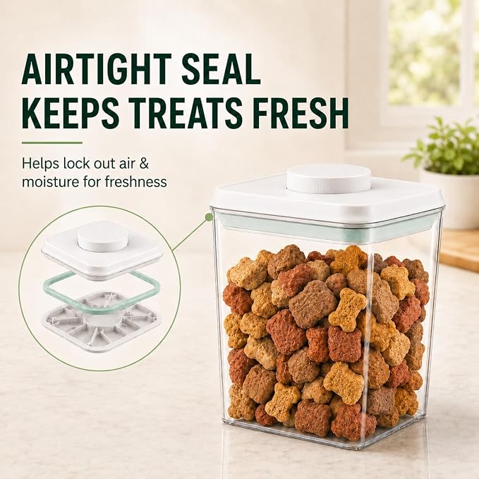 Pet Dog-Cat POP-Treat Airtight jar-Container - 2.2 Qt/2 L | Stackable One-Touch Opening | For Snacks Candy Salt Herbs Spices | BPA-Free