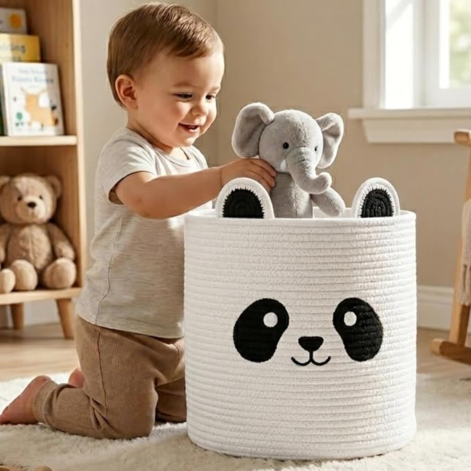 Storage Basket, 14” x 12” Woven Cotton Rope Bin with Panda Design, Cutout Handles, Foldable & Washable Decorative Home Storage Organizer for Laundry, Clothes & Household Items (Panda)