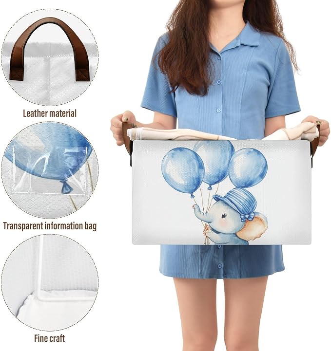 Cute Baby Elephant with Blue Balloon Storage Basket with Labels&Handles Rectangular Waterproof Nursery Storage Bins Collapsible Shelf Organizer Baskets for Kids Books Gift Basket Toys Laundry, 2 PC