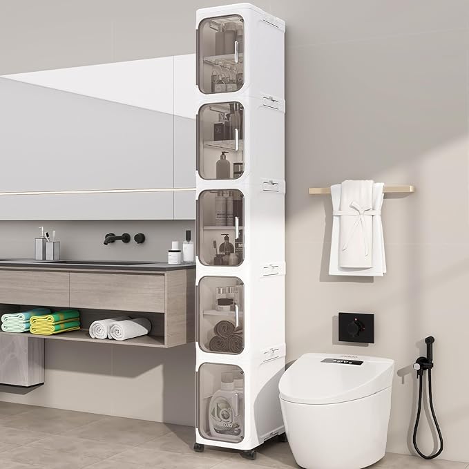 5 Tier Slim Bathroom Storage Cabinet, Foldable and Movable, White | Tools Free, ABS and PET, Magnetic Clear Door, Adjustable Shelves, Lockable Wheels, Water Resistant, For Narrow Space