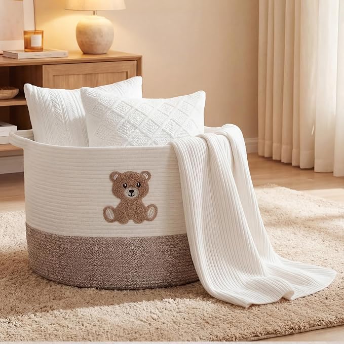 LemonRoad Extra Large Basket 20"x14", Woven Basket for Laundry Blanket Toy Box with Handle Storage, Blanket Storage for Living Room Nursery Pillows Chest(Cotton Rope,Cute Bear,Brown)