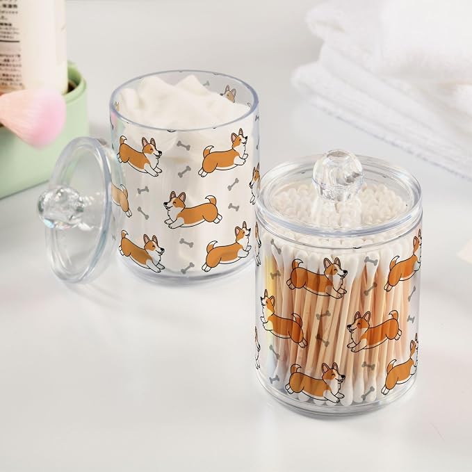 DOMIKING 2 Pack Plastic Cotton Swab Ball Pad Holder Cute Pets Dogs White Print Jars Bathroom Storage Organizer Vanity Canister Jar with Lid for Cotton Rounds Floss Picks Bath Salts