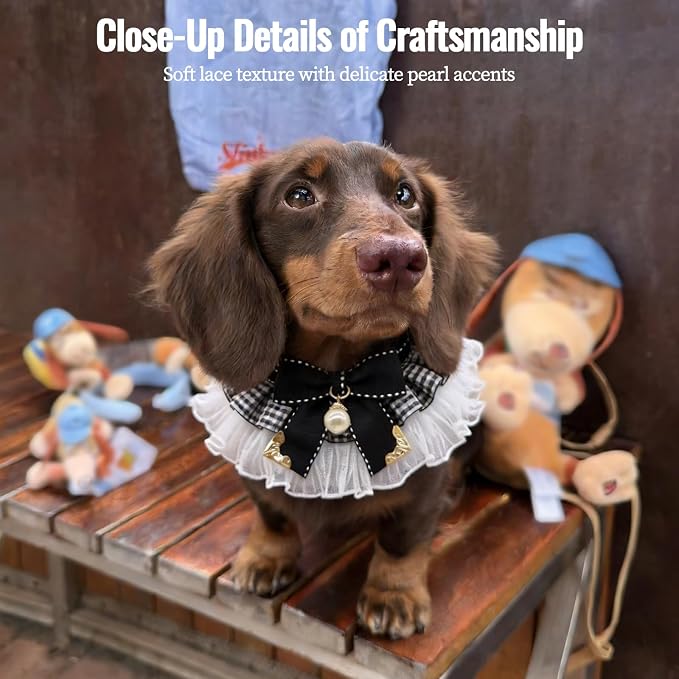Elegant Lace Cat Collar, Adjustable Pet Bow Tie Bib for Small Dogs and Cats, Cute Princess Pearl Scarf Outfit for Wedding Party Photoshoots（M 6.6-11 lbs）