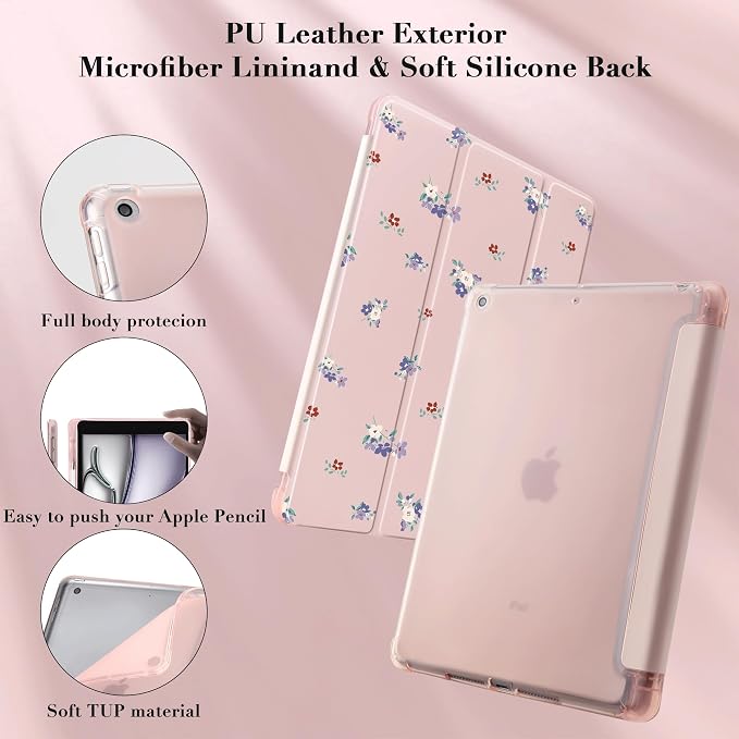 Cute Purple Flower Case for 9.7" iPad 5th/6th Generation, Clear TPU Smart Stand Back Cover with Pencil Holder, Auto Wake/Sleep Foldable Protective Case for iPad 2017/2018