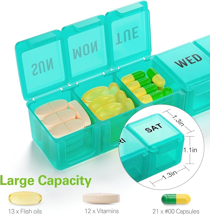 BUG HULL Weekly Pill Organizer Large 2 Packs, Extra Large Travel Pill Organizers, Pill Box 7 Day, Travel Pill Case, Medicine Pill Organizer for Vitamins, Supplements and Medications (Blue+Green)