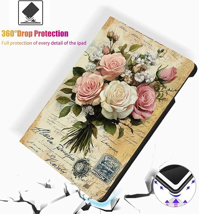 for Microsoft Surface Pro 11/10/9-13" 2024/2022 Tablet Case,Auto Wake/Sleep,Adjustable Stand Protective Cover - Vintage Rose Bouquet