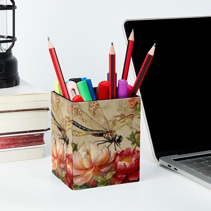 Retro Dragonfly Pen Holder for Desk Decor, Rectangular PVC Leather Pencil Cup for Desk Pen Organizer, Makeup Brush Holder for School, Home, Office
