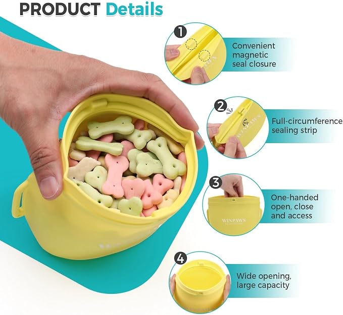 Silicone Dog Treat Pouch with Poop Bag Holder,Waterproof Magnetic Close Sealable Fanny Pack with Adjustable Waist Belt, Pet Puppy Training Essentials, One-Handed Opening with Press & Magnetic(Yellow)