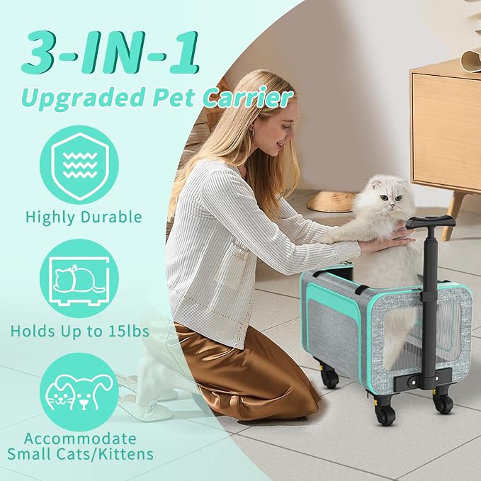 Airline Pet Carrier with Wheels, 18x11x11 for Cats & Toy Dogs | Soft-sided nylon under-seat bag, removable wheels, expandable mesh, cats & toy-breed dogs, measure pet before buying
