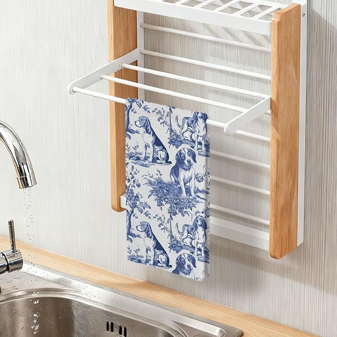 Beagle French Kitchen Dish Towels,Blue and White Floral Dog Towel Dish Tea Towels, Chinoiserie Decor for Kitchen Bathroom,Grandmillennial Gifts for Dog Lover Mom Dad,16x24 Inch
