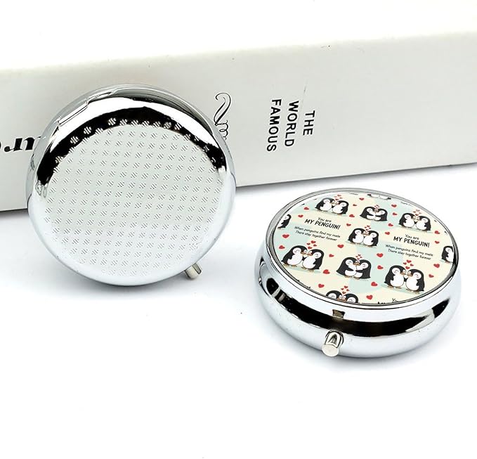 Round Pill Box, You are My Penguin Portable Travel Organizer, Metal Case with Mirror, Pocket Purse Container for Supplements
