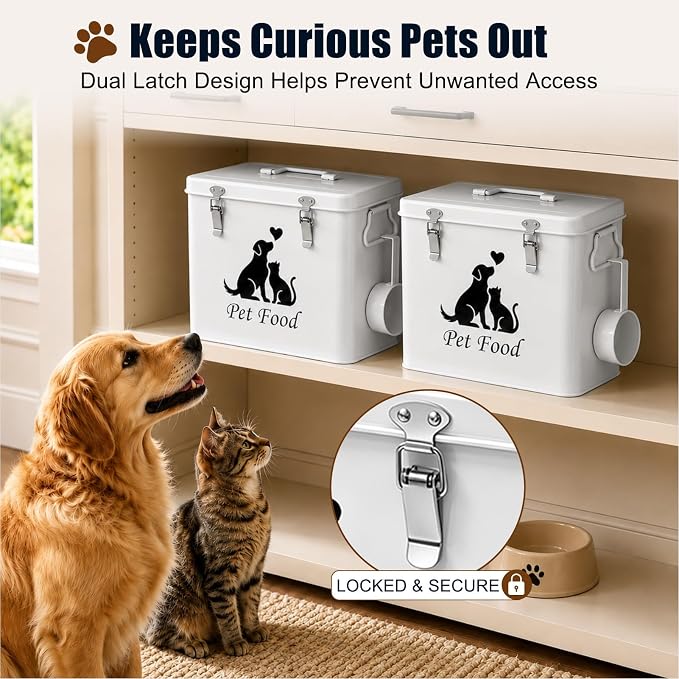 Vivifying Airtight Metal Dog Food Storage Container with Scoop, Up to 13 lb | Sealing Ring and Double Locks Keep Dog Treats, Cat Treats, Cookies and Dry Pet Food Fresh, Secure and Organized, White