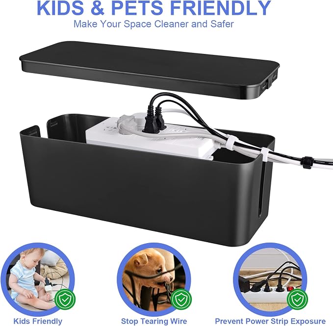 3 Pack Cable Organizer Box, Cable Management Box for Surge Protector | Under Desk Power Cover Cord Holder, TV Computer Wires Cord Organizer, Cable Management Set, for Home/Office(Black)