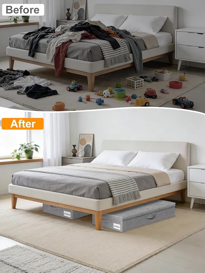 punemi 6 in Tall Under Bed Storage Containers with Lids, 2 Pack, Grey | Stackable Design, Sturdy 3 Handles, for Blankets, Clothes, Comforters & Toys, Underbed & Closet Organization