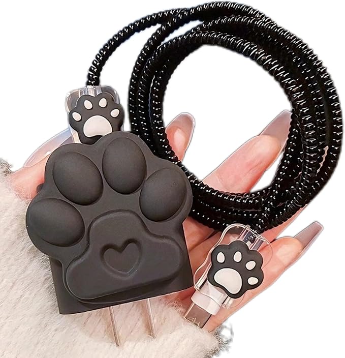 DIY Charger Cover for iPhone Charger Protector with Cat Paw Design,Soft Girly Kawaii Cat Claw Charging iPhone Cord Protector iPad Charger Protector Cute Cable Saver for iPhone 18W/20W Charger-Black