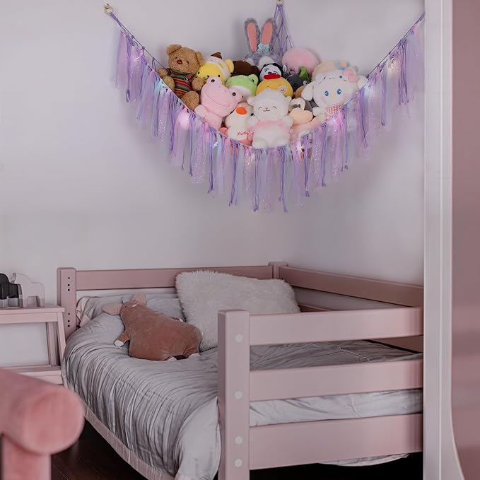 Stuffed Animal Hammock with LED Lights - 59 Inch Large Toy Storage Net for Kids Bedroom, Wall-Mounted Plush Organizer with Wooden Rings, Nursery Decor (Handwoven, Purple)