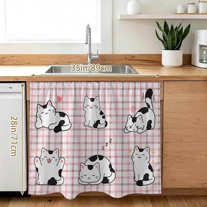 Cute Cat Cabinet Curtain 28"Wx35"L, Dustproof Under Sink Skirt with Self Adhesive Tape, Modern Playful Pet Cats Pink Brown Plaid Cabinet Curtain Cover for Bathroom Vanity, Kitchen Sink, Laundry Room