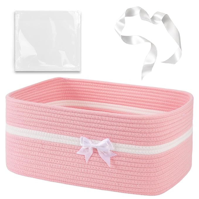 OIAHOMY Large Woven Storage Basket with Handles for Nursery Living Room Shelves, Bow Basket for Gifts Empty with Gift Bags and Ribbons for Baby Showers Pet Toy Bin - Pink, 25L