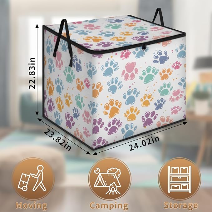 Cute Colorful Cat Paws Large Storage Bags, Fabric Bed Storage Containers, Foldable Closet Organizers for Blanket, Clothing, Comforter, Bedding, Pet Animals