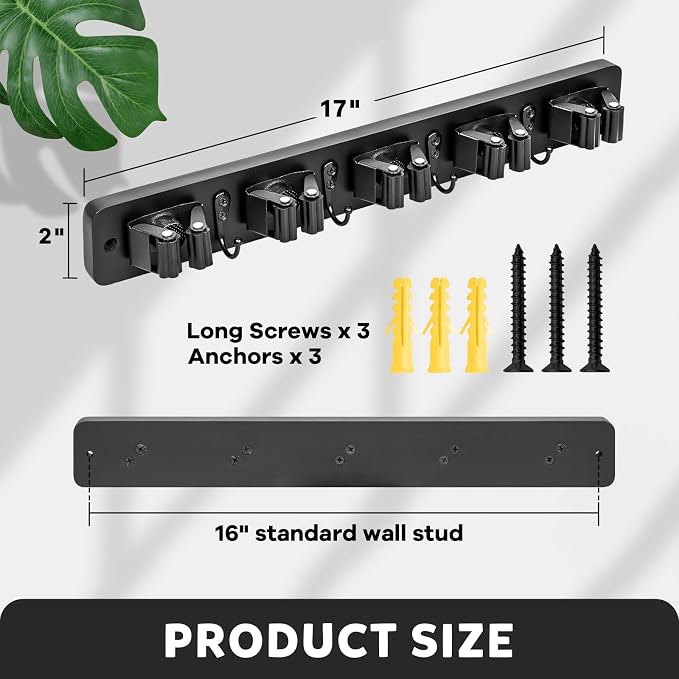 IMILLET Broom Holder Wall Mount, Rustic Broom Hanger for Laundry Room | Wood Broom and Mop Organization and Storage, Mop Holder for Home Decor, Garden, Garage, Closet, 5 Racks and 4 Hooks, Black