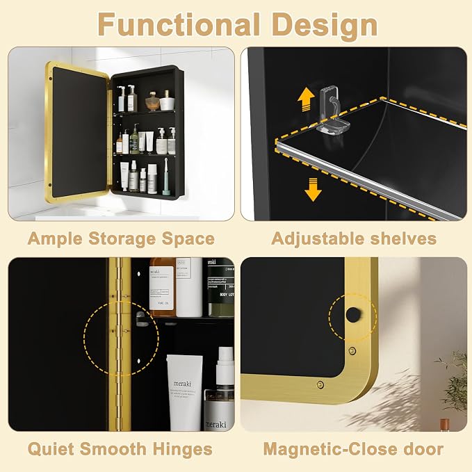20x28 in Brushed Gold Medicine Cabinet with Mirror for Bathroom, Gold