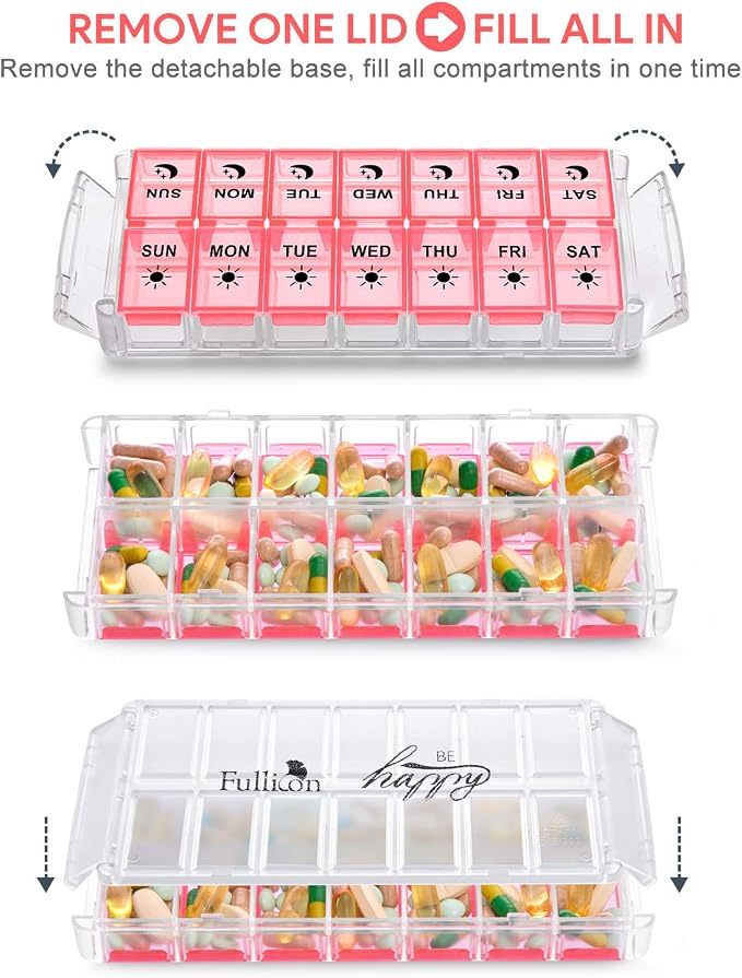 Weekly Pill Organizer 7 Day 2 Times a Day Extra Large, Quick Fill 2022 Fullicon AM PM XL Daily Pill Cases Pill Box with Detachable Base - Pink (Patent Registered) | Each Compartment Holds 13 Fish Oils or 12 Vitamins, BPA Free Food Grade Plastic, Preven...