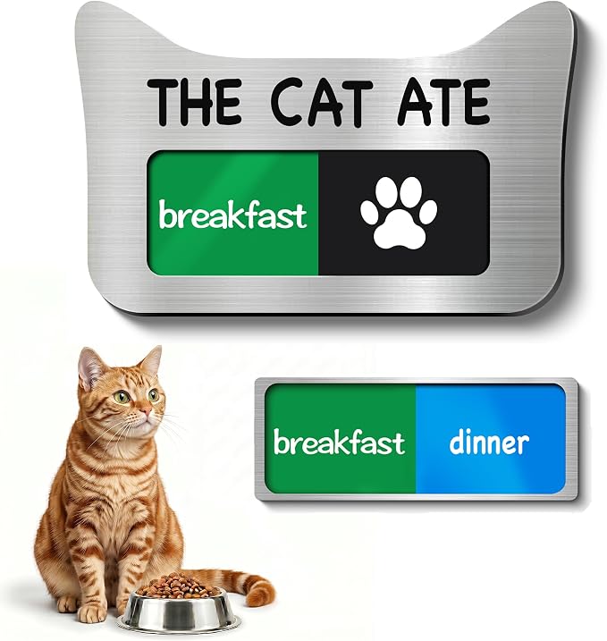 Cat Feeding Reminder Sign, Magnetic Pet Fed Schedule Chart with Slider, Breakfast & Dinner Tracker for Fridge, Prevent Overfeeding, Unique Cat Ear Shape Acrylic Sign, 4.7" x 3", Silver
