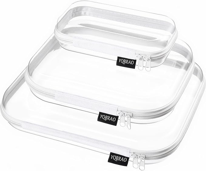 YQBRAO Clear Hard Shell Organizer Cases, Multi-Size (L, M & S), 3-Pack | 1.2 mm clear PET organizers in three sizes for toiletries, cosmetics, electronics, travel items, and everyday storage