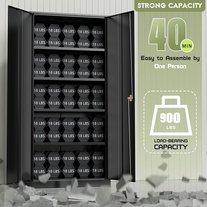 Crownland 72" Metal Storage Cabinet, Lockable Garage Storage Cabinets, High Office Cabinet with Adjustable Shelves for Home Office, Pantry,Classroom, Garage, File(Balck)