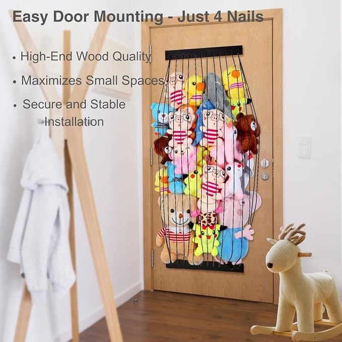 Stuffed Animal Storage Wooden Soft Toy Storage for Kids Room，Wall Mount Door Hanging Stuffed Animal Toy Organizer Shelf for Nursery Play Room Black -Patent