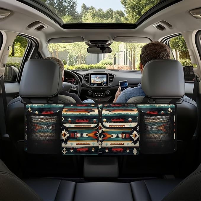 Dreaweet Southwestern Trunk Organizer for Car Navajo Tribal Geometric Trunk Backseat Organizer Large SUV Hanging Storage Bag with 4 Pockets Foldable Car Seat Organizers and Storage for Most Vehicle