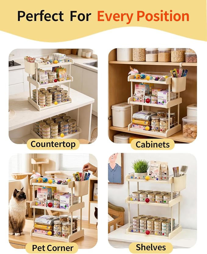 Cat Food Can Organizer w/Lickable Cat Treats Storage 3-Tier -White | Pet Food Storage Rack, With Clear Acrylic Trays, Colorful Stickers, for Pantries, Cabinets, Or Shelves, for 3oz–12.5oz