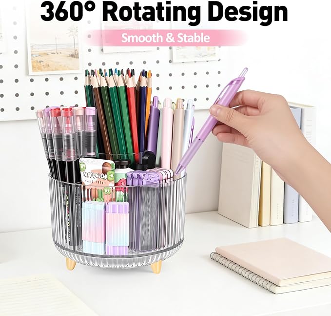 360 Rotating Pen Pencil Holder for Desk, Pen Organizer with 5 Slots | Makeup Brush Holder, Desk Organizer and Accessories, Cute Pencil Cup Caddy for Office School Home Decor Art Supply (Clear)