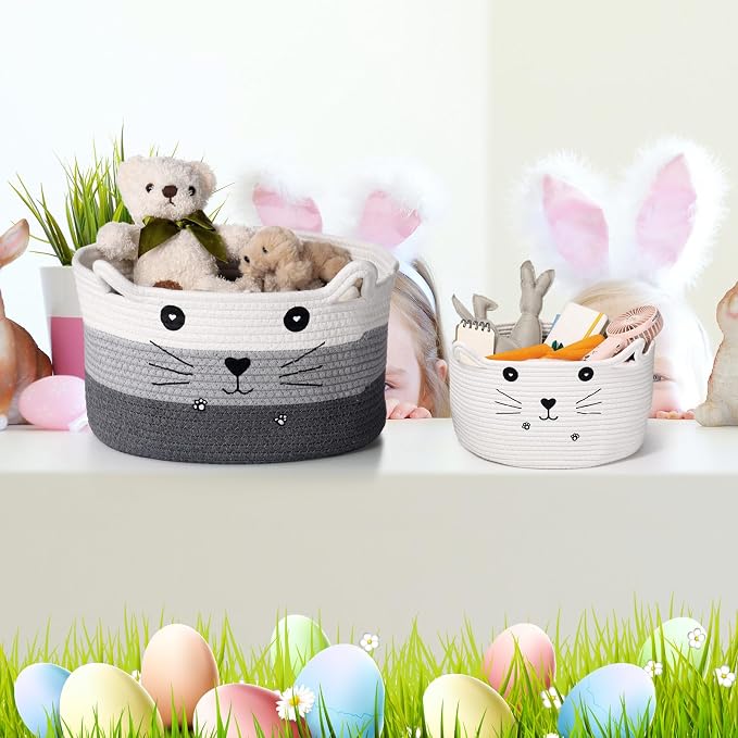 Zopeal Cat Woven Gift Basket Storage,13.7 x 7.8 Inch,Dark Gradient | Cute Cotton Rope Organizer with Handles for Toy Box, Nursery Decor, Decorative Bin, Pet Supplies Holder, Desk Storage