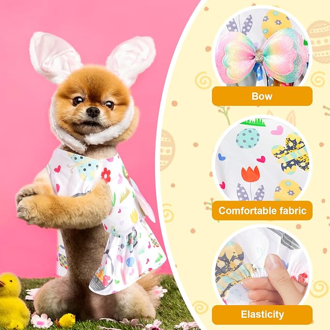 Easter Dog Costume Dress for Pets, Easter Bunny Pet Outfit Dogs Bow Clothes,White Puppy Skirt, Spring Dog Outfit,Size L (24.2-28.6 lbs)