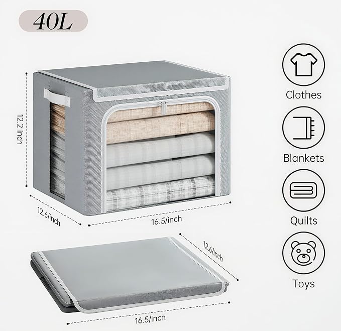Yecaye Stackable Clothes Storage Bins with Lid, Grey, 40L, 6 Pack | Metal Frame, Foldable, Clear Window & Zippers & PU Leather Handles