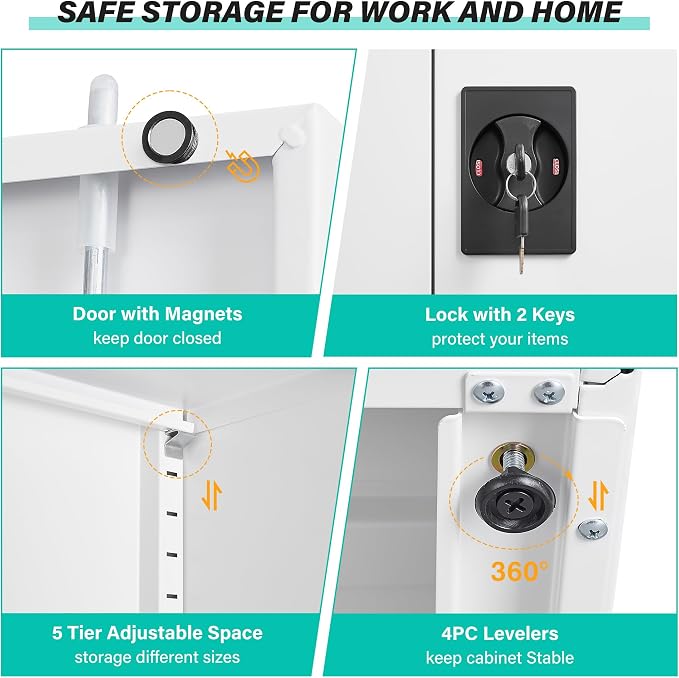 White Metal Storage Cabinet with Adjustable Shelves,71" Tall Metal Cabinet with Locking Doors,Steel Cabinet with Lock,Lockable Storage Cabinets for Home,Office,Kitchen,Laundry,Pantry