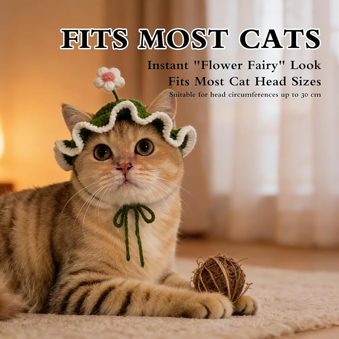 Flower Cat Hat, Cotton & Soft Cute Knitted Hats for Cats Birthday Party Spring Puppy Hat for Small Pets (Green,M)