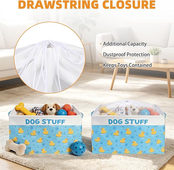 Dog Toy Basket, Collapsible Dog Toy Bin Box with Drawstring Cinch Top &Handles, Pet Food Storage Organizer for Dog Toys, Apparel, Blankets and Leashes, Blue, Yellow Duck, L, 15.3"x13"x12"