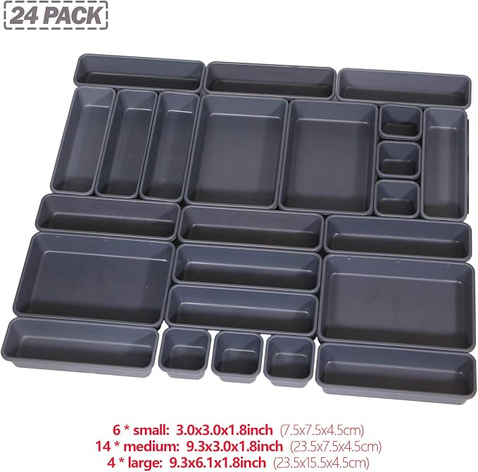Set of 24 Interlocking Desk Drawer Organizer Tray Dividers Plastic Shallow Narrow Drawers Organizers Separators Storage Bins Container for Kitchen Bathroom Makeup Office Vanity Bedroom Dresser