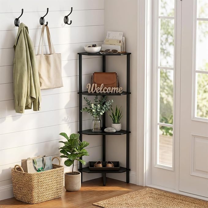 Corner Shelf Stand, 4 Tier Corner Bookshelf, Bamboo Storage Standing Shelf Unit, Tall Storage Plant Stand,Bookcase for Living Room, Home Office, Bedroom, Kitchen, Black