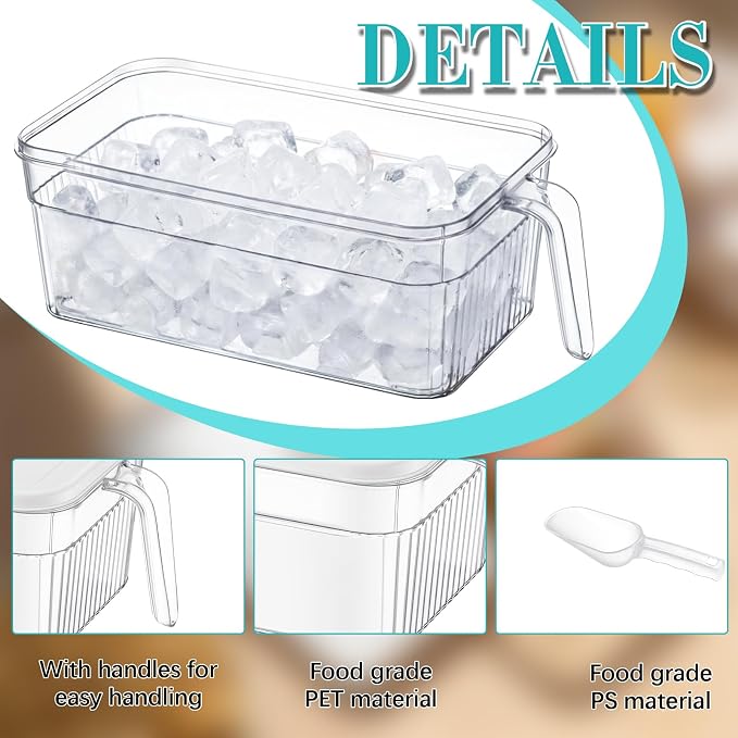 Havawish Ice Storage Bin and Flexible Scoop Set Plastic Freezer Bin | Freezer Ice Bin Scoop, Clear Bucket Container, Pull Handle, Flexible Storage, 12.6 X 6.3 X 4.33 in