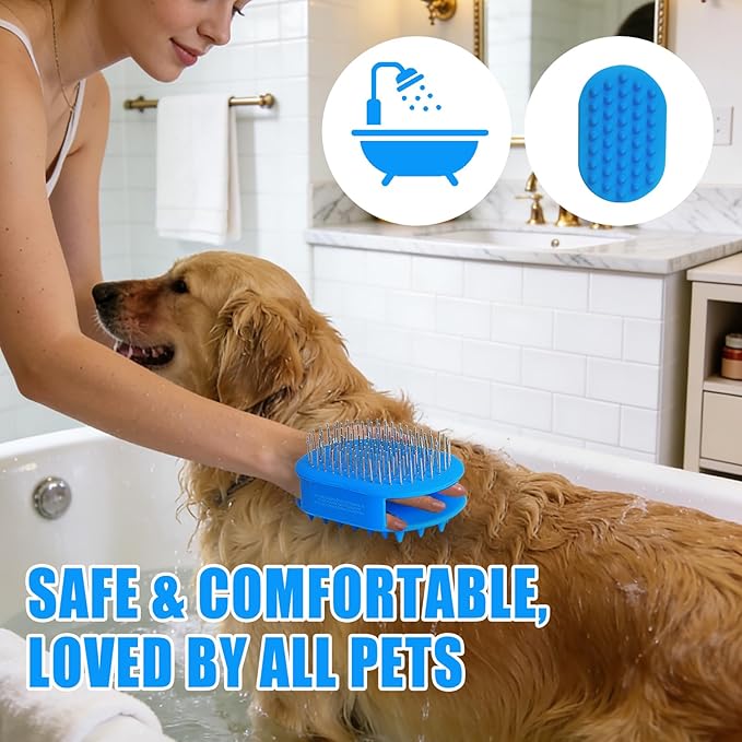 Upgraded Double-Sided Dog Grooming Brush, Silicone Pet Bath Brush for Long Short Haired Dogs and Cats, Dog Shampoo Brush for Shower, Massage, 3-in-1 Hair Removal Comb for Shedding & Deshedding