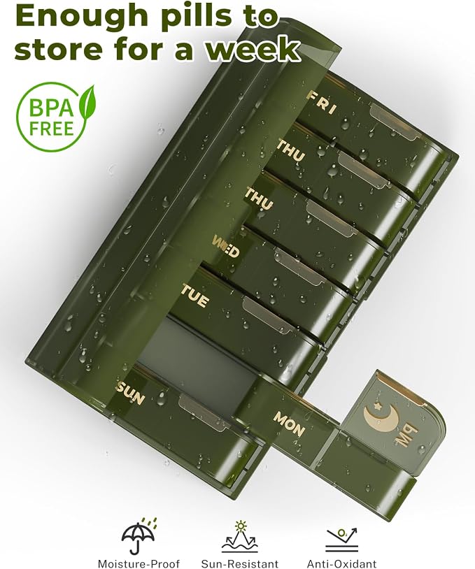 Weekly Pill Organizer 2 Times a Day, 7 Day AM PM Pill Box for Travel | Portable Medication Dispenser with Child-Resistant Latch, BPA-Free, Travel, Office, Pets, Emergency Use (Green)