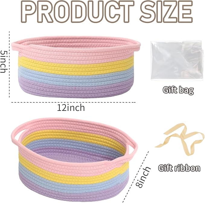 JMvicyroam Small Woven Basket, Empty Gift Basket, Rainbow/1 Pack | Small Gift Basket, Cotton Rope, 12 x 8 x 51 in, Handles, Includes Ribbon and Bag, Birthday Gift Basket