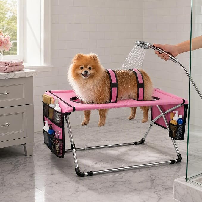 Foldable Dog Grooming Table, Pet Hammock with Stand for Small Dogs & Cats