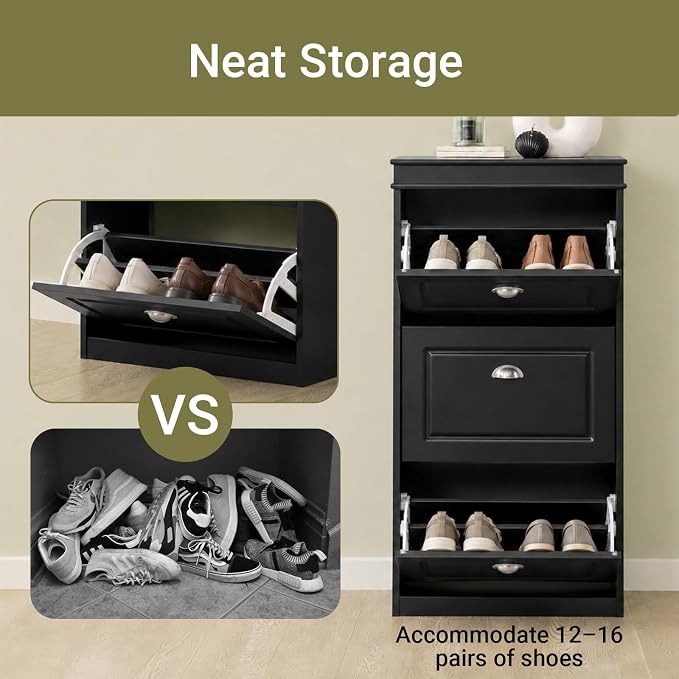 Haotian Shoe Cabinet with 3 Flip Drawers | Freestanding Shoe Rack for Entryway, Shoe Organizer with Hidden Drawer, Black, FSR94-SCH