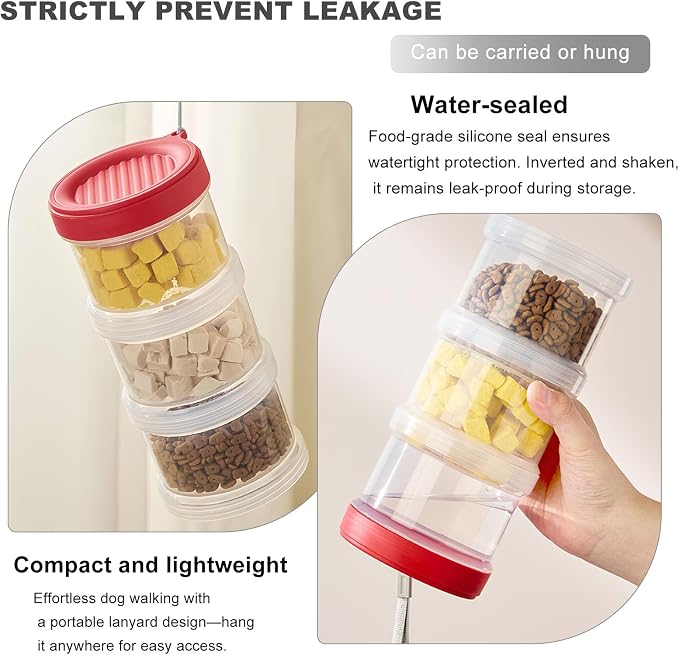 2025 Upgraded Airtight Dog Treat Container, Leak-Proof Stackable Pet Food Jar 2/3/4 Layers, Portable with Lanyard for Outdoor, Travel, Training & Home, Food-Grade PP (Red)