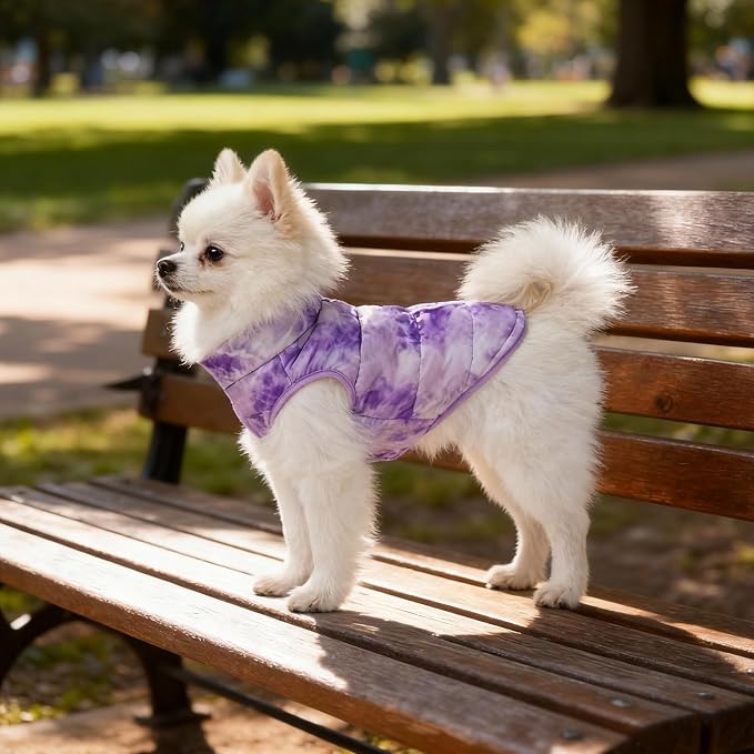 Idepet Pet Dog Cat Coat with Leash Anchor Color Patchwork Padded Puppy Vest Jacket Teddy Chihuahua Costumes Pug Cloth XS S M L(Large,Purple Tie-dye)